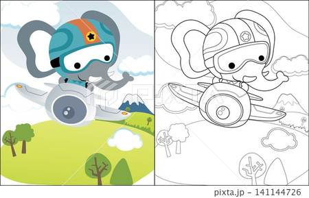 Coloring book of funny elephant cartoon driving airplane on scenery background Coloring book of funny elephant cartoon driving airplane on scenery background 141144726