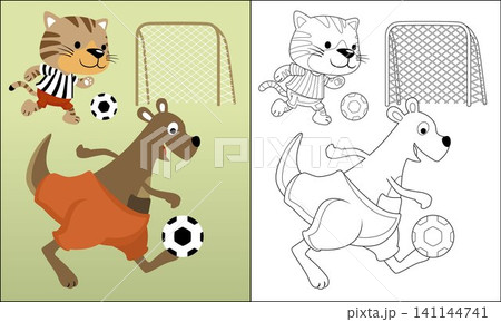 Coloring book of funny cat with kangaroo playing soccer, vector cartoon illustration Coloring book of funny cat with kangaroo playing soccer, vector cartoon illustration 141144741