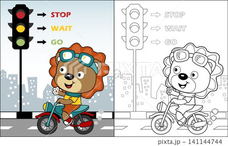 Coloring book of lion cartoon riding motorcycle in city road, vector illustration 141144744