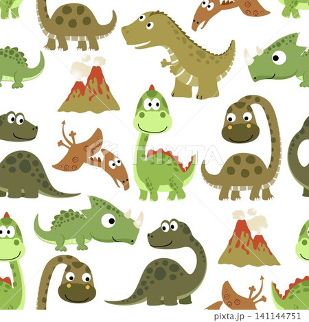 Seamless pattern vector of funny dinosaurs cartoon with volcano eruption Seamless pattern vector of funny dinosaurs cartoon with volcano eruption 141144751