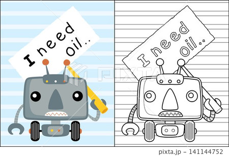 Coloring book of funny little robot with board sign warning 141144752
