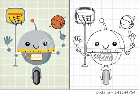 Coloring book of nice robot cartoon playing basketball 141144754