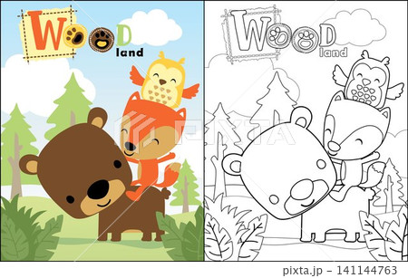 Funny piled up animals cartoon in jungle, coloring book or page Funny piled up animals cartoon in jungle, coloring book or page 141144763