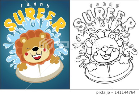 Vector cartoon of lion surfing on wave background, coloring book or page Vector cartoon of lion surfing on wave background, coloring book or page 141144764