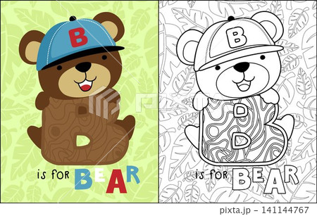 Nice bear cartoon hugging B letter on leaves seamless pattern background, coloring book or page Nice bear cartoon hugging B letter on leaves seamless pattern background, coloring book or page 141144767