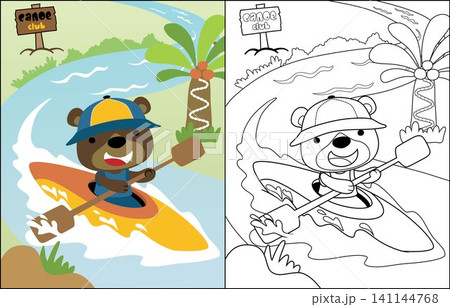 Vector cartoon of funny bear on canoe in river, coloring book or page Vector cartoon of funny bear on canoe in river, coloring book or page 141144768