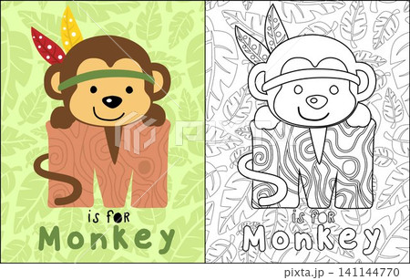 Monkey cartoon with feather headdress hugging M letter on leaves seamless pattern background, coloring book or page 141144770