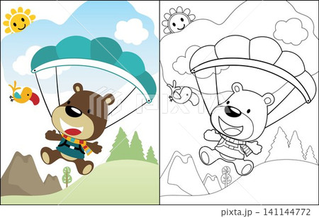 cartoon vector of cute bear skydiving, coloring book or page 141144772