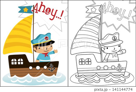 Cartoon vector of little sailor on sailboat, coloring book or page 141144774