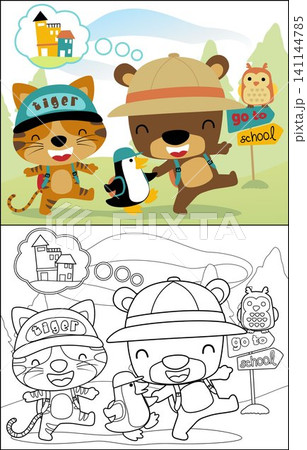 Funny animals cartoon go to school, coloring book or page Funny animals cartoon go to school, coloring book or page 141144785