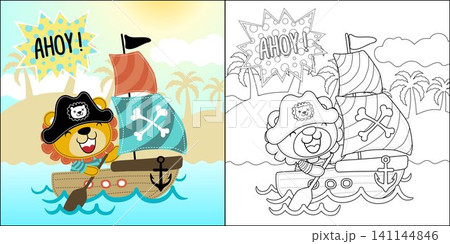 vector cartoon of cute lion in pirate costume on sailboat, coloring book or page vector cartoon of cute lion in pirate costume on sailboat, coloring book or page 141144846