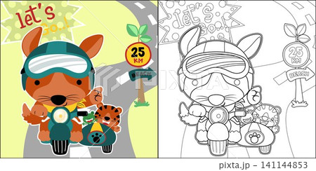 Cute fox with tiger and frog on sidecar motorcycle, coloring book or page Cute fox with tiger and frog on sidecar motorcycle, coloring book or page 141144853