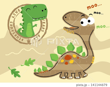 Cute smiling dinosaurs cartoon on volcanoes background Cute smiling dinosaurs cartoon on volcanoes background 141144879