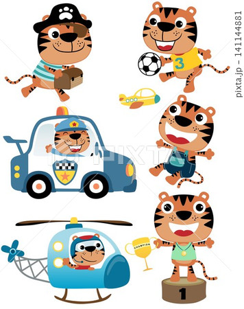 vector set of funny tiger cartoon in different profession and activity vector set of funny tiger cartoon in different profession and activity 141144881