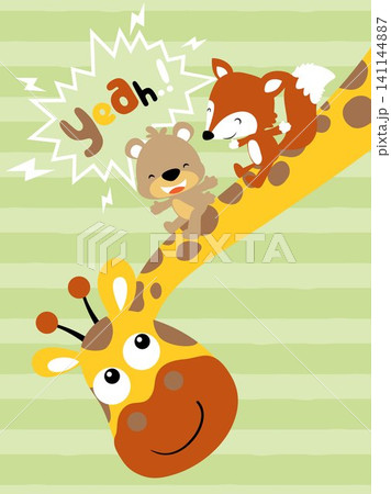 Vector cartoon of little fox with bear sliding on giraffes neck Vector cartoon of little fox with bear sliding on giraffes neck 141144887