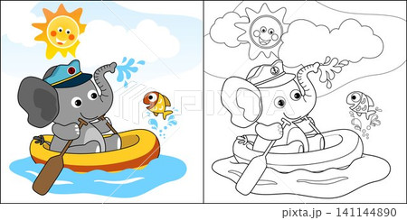 vector cartoon of cute elephant on inflatable boat with a little fish at summer, coloring book or page 141144890