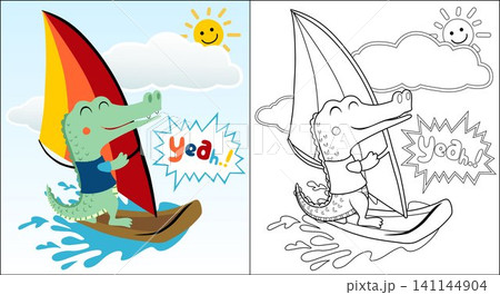 Crocodile cartoon playing windsurf at summer holiday, coloring book or page Crocodile cartoon playing windsurf at summer holiday, coloring book or page 141144904