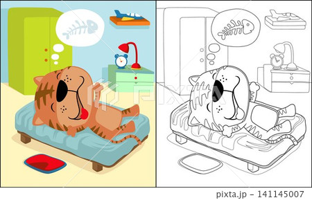 cartoon of funny cat sleep in bed room, dreaming about fish, coloring page or book 141145007
