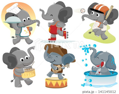 Vector set of funny elephant cartoon in different activities Vector set of funny elephant cartoon in different activities 141145012