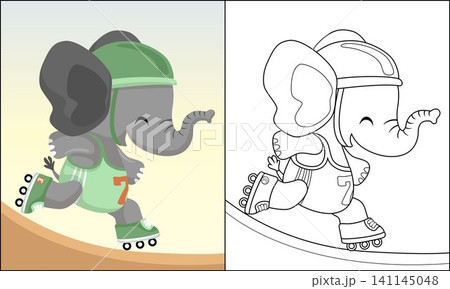 Funny elephant cartoon playing roller skate, coloring book or page Funny elephant cartoon playing roller skate, coloring book or page 141145048