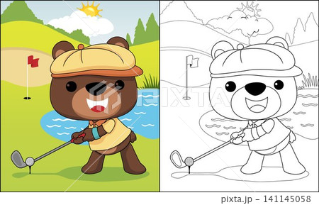 Vector illustration of cute bear cartoon playing golf, coloring book or page 141145058