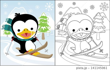 Cartoon penguin skiing in the snow land, coloring book or page Cartoon penguin skiing in the snow land, coloring book or page 141145061