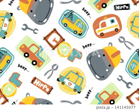 seamless pattern vector of cartoon vehicles with funny hippo face, transport elements illustration seamless pattern vector of cartoon vehicles with funny hippo face, transport elements illustration 141145077