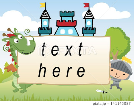 Vector cartoon of funny dragon with little knight holding a banner, fairytale elements cartoon Vector cartoon of funny dragon with little knight holding a banner, fairytale elements cartoon 141145087