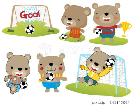Vector set of cute bear cartoon playing soccer, soccer elements illustration Vector set of cute bear cartoon playing soccer, soccer elements illustration 141145094