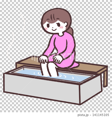 Illustration of a woman soaking her feet in a footbath. 141145105
