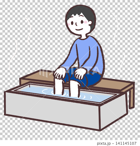 Illustration of a man soaking his feet in a footbath. 141145107