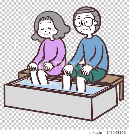 Illustration of senior men and women enjoying a footbath. 141145108