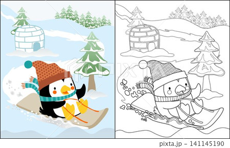 coloring book of penguin cartoon in winter coat on sled in snow land coloring book of penguin cartoon in winter coat on sled in snow land 141145190