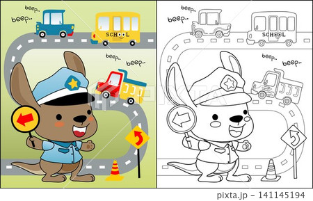 coloring book of cute kangaroo cartoon in traffic cop uniform with vehicles in the road coloring book of cute kangaroo cartoon in traffic cop uniform with vehicles in the road 141145194