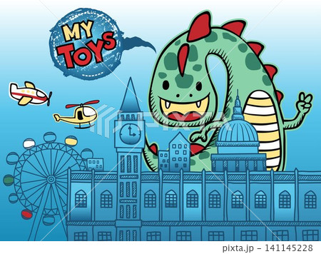 Vector illustration of funny monster cartoon in city with aircraft Vector illustration of funny monster cartoon in city with aircraft 141145228