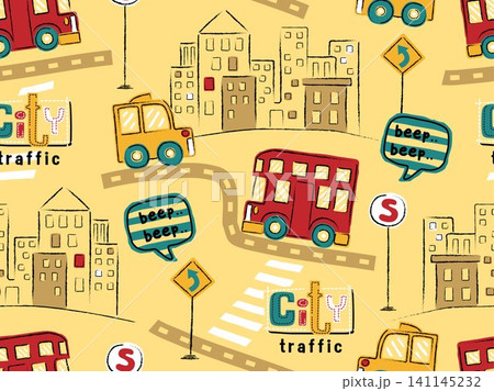 seamless pattern of hand drawn vehicles cartoon in city road with buildings, cityscape elements vector illustration seamless pattern of hand drawn vehicles cartoon in city road with buildings, cityscape elements vector illustration 141145232