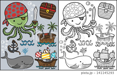 set cartoon of pirates elements with funny octopus, coloring book or page set cartoon of pirates elements with funny octopus, coloring book or page 141145293