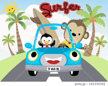 Vector illustration of monkey with penguin on funny car carrying surfboard 141145302