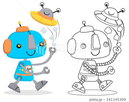 vector illustration of cute robots cartoon, coloring book or page vector illustration of cute robots cartoon, coloring book or page 141145309