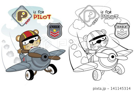 vector illustration of funny pilot on plane, coloring book or page vector illustration of funny pilot on plane, coloring book or page 141145314