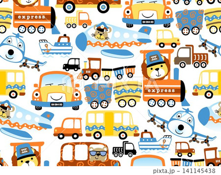 seamless pattern vector of colorful vehicles cartoon with cute animals driver seamless pattern vector of colorful vehicles cartoon with cute animals driver 141145438