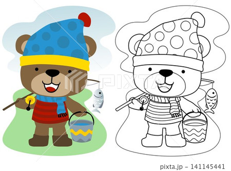 Little bear cartoon with fishing tackle, coloring book or page 141145441