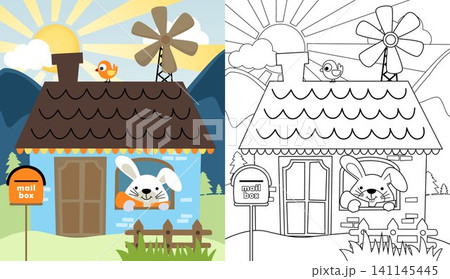 Vector cartoon of cute bunny in a house on sunrise background, coloring book or page Vector cartoon of cute bunny in a house on sunrise background, coloring book or page 141145445