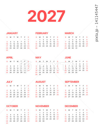 Annual calendar template, one page, Sunday start. 141145447