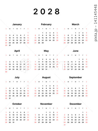 Annual calendar template, one page, Sunday start. 141145448