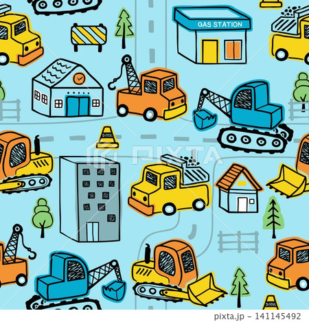 vector seamless pattern of hand drawn construction vehicles cartoon, cityscape elements illustration vector seamless pattern of hand drawn construction vehicles cartoon, cityscape elements illustration 141145492