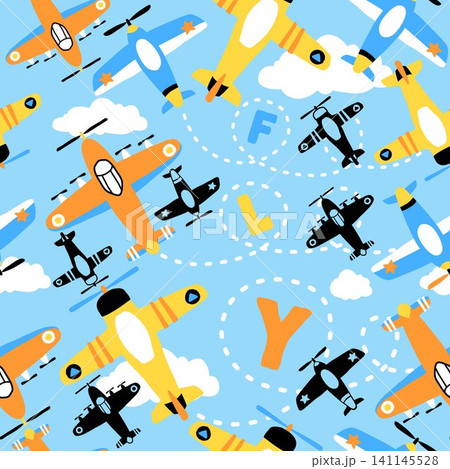 seamless pattern vector of airplane cartoon, flight elements illustration seamless pattern vector of airplane cartoon, flight elements illustration 141145528