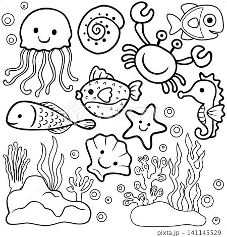 vector cartoon of marine animals, coloring book or page 141145529