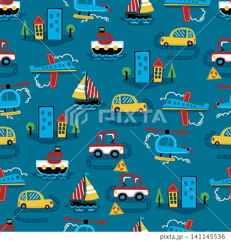 Seamless pattern vector of transportations cartoon with buildings Seamless pattern vector of transportations cartoon with buildings 141145536