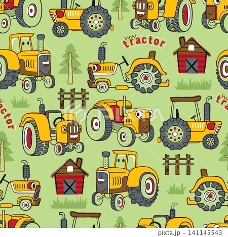 Seamless pattern vector of hand drawn tractors cartoon, farming elements illustration Seamless pattern vector of hand drawn tractors cartoon, farming elements illustration 141145543